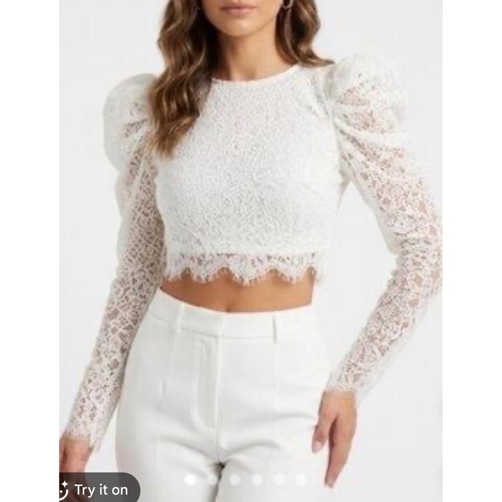 Naked Wardrobe The Statement White Lace Puff Sleeve Crop Top Small